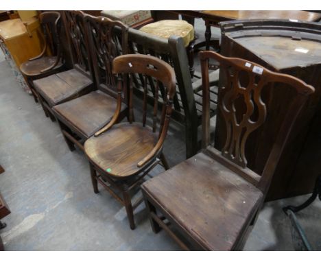 Three country Chippendale style dining chairs and a pair of late 19th Century oak kitchen chairs. (5) 