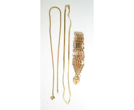 A gate link bracelet, stamped '9ct', with a 9 carat gold padlock clasp, length 18cm ; and two 9 carat gold necklaces, lengths