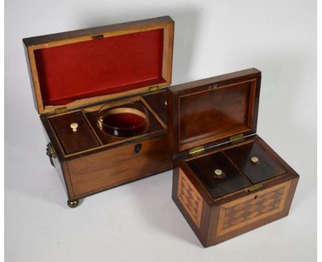 A parquetry decorated oblong tea caddy and another, mahogany and ebony lined sarcophagus tea caddy (2)