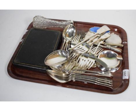 A silver and blue enamel double compact, Adie Bros, Birmingham 1929; various further silver and plated items to include a ser