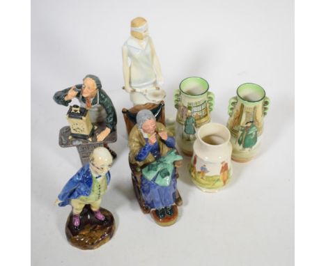 A Carltonware golfing vase, Rd No. 333948; a Grimwade's figure of Mr Pickwick; three Royal Doulton figures titled ''A Stitch 