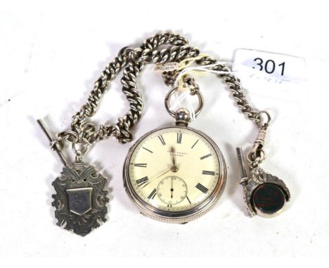 A silver open faced pocket watch, signed William Wilson, with a silver curb linked chain with attached bloodstone swivel fob 