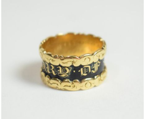 A William IV 18 carat gold mourning ring, makers mark WP, London 1830, inscribed to the interior for Anthony and Ann Clark, f