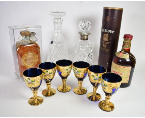 A silver-collared decanter, Birmingham marks; with another decanter; six Murano stemmed glasses; a bottle of Aberlour single 