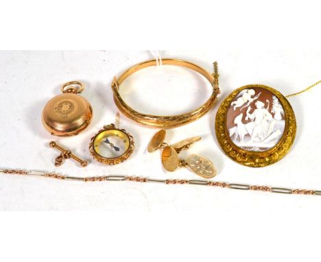A serpent bangle stamped 9 carat; a Victorian gilt metal cameo brooch; two colour fancy linked chain with links stamped 375; 