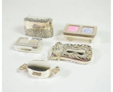 A modern silver two division stamp box, Carrs, 2002; together with a modern silver vesta type case; pill box with engraved co