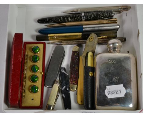 A silver drinking flask, a Sampson Mordan silver pencil, a 9 carat gold ''The Mascot'' pencil, a Waterman's 18 carat nib foun