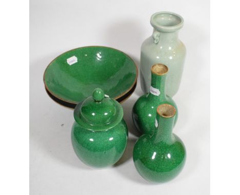 A Chinese porcelain celadon twin-handled vase and five pieces of Chinese green crackle-glazed pottery 