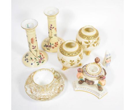 A pair of Worcester vases; a pair of Continental candlesticks; Worcester inkwell; Worcester candle snuffer and a Davenport cu