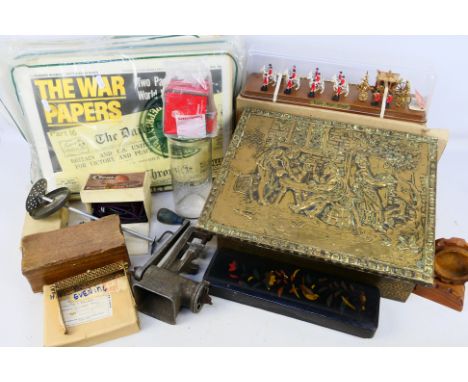 Mixed vintage collectables to include a Spong 100 meat mincer, a Columbus egg whisk with instructions, Clem travel iron, a Cr
