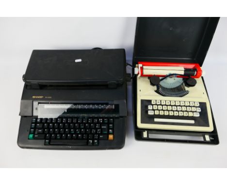 A portable mechanical typewriter and a Sharp electric typewriter PA-3100S. [2]. [W]
