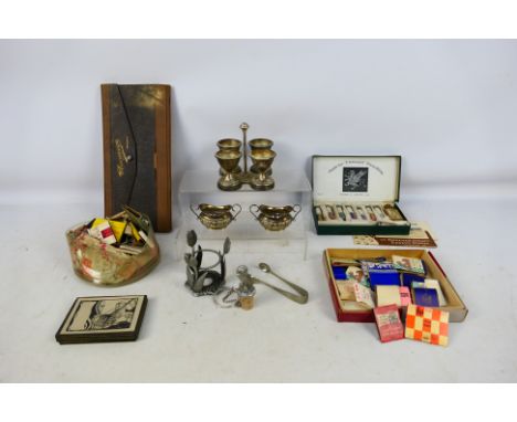 A mixed lot to include plated ware, stencilling set, vintage matchbooks and other. [W]