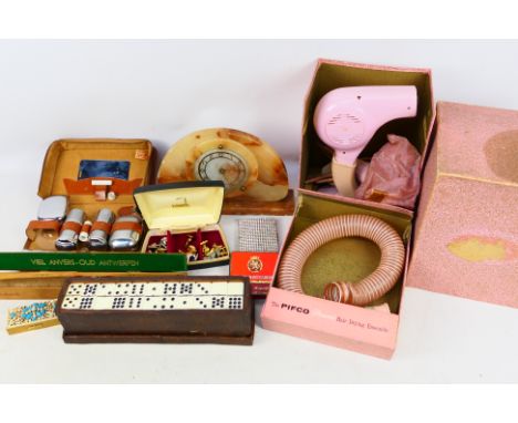 A mixed lot to include a vintage Pifco hairdryer, travel grooming kit, dominoes, cufflinks, clock, Vieil Anvers Longfellow ci