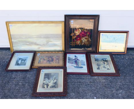 A collection of eight framed prints, and embroidered works. Lot includes a large Ed Mandon waves print. A Peter Scott 1945 co