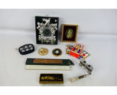 A mixed lot to include opera glasses, tarot cards, vintage slide rule and other. [W]