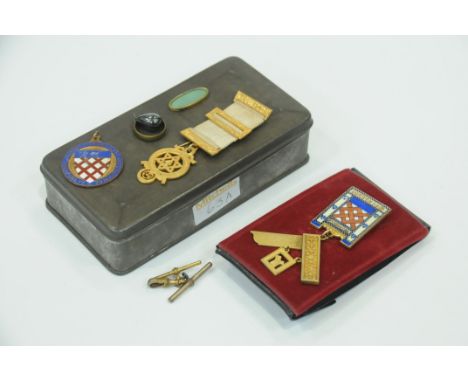 Silver gilt and enamelled Masonic medal, vintage tin, T-bars, ring and Masonic medal