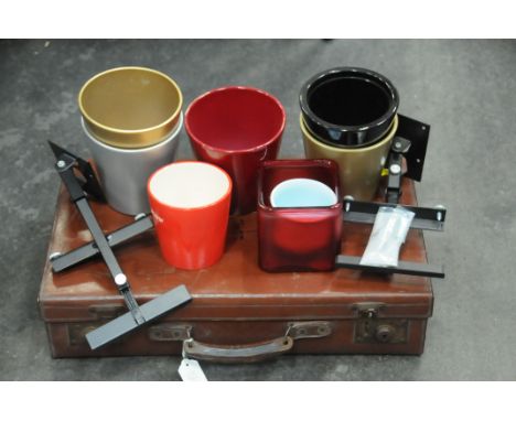 Vintage suitcase, box of plant pots, speaker stands, etc. 