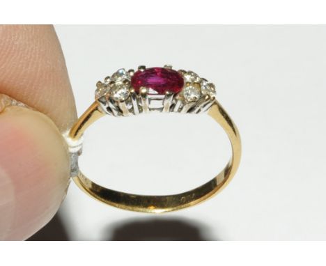 18 ct gold diamond and ruby ring, size O, weight approx 2.1 grams 