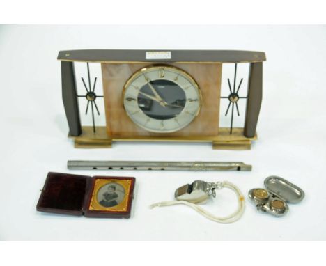 Vintage Metamac mantle clock, sovereign case, whistle and Victorian photograph etc