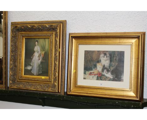 Gilt framed portrait of lady and print of cat and kittens 