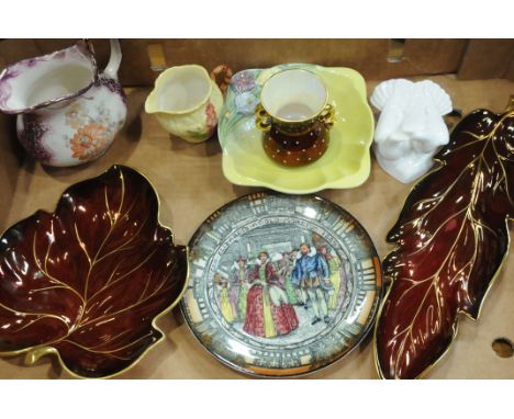 Box of Carltonware Rouge Royale leaf plates, Royal Doulton Old Moreton plate, Royal Doulton Images of Nature Devotion figure,
