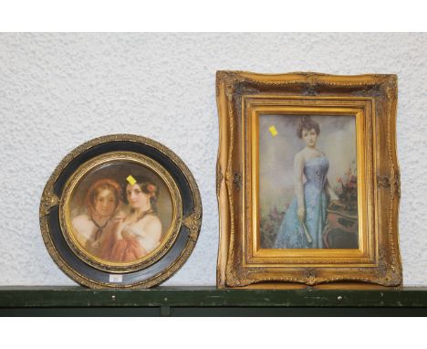 Gilt framed three quarter length portrait of a lady and circular print of two girls 