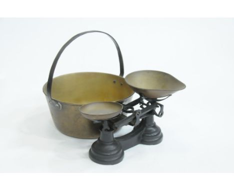 Brass jam pan and vintage kitchen scales 