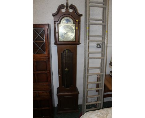 West German 30 hour longcase clock with glass fronted door, pendulum and three weights 