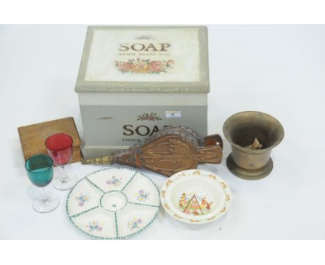 Wooden marked marked to lid "soap" containing Poole nut dish, brass pestle, miniature bellows in Art Nouveau style, Bunnykins