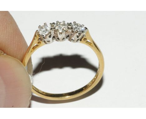 18 ct gold three stone diamond ring, size O-P, weight approx 2.1 grams 