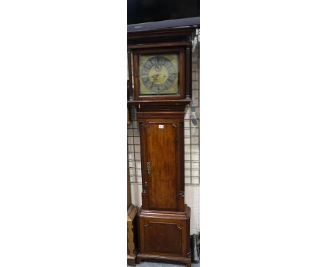 Oak cased 19th century longcase clock with brass dial, H: 206 cm. Not available for in-house P&amp;P
