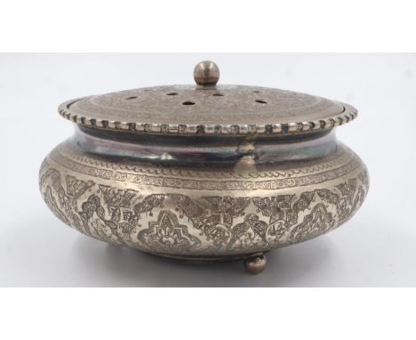 Persian silver pot pourri vessel with chased detail by Armenian silversmith Vaspour, 1940s, produced in Russian grade silver 