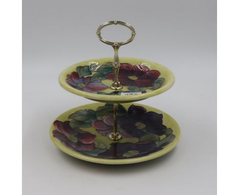 Moorcroft two tier cake stand in the Clematis pattern, on a yellow ground, 26cm D. UK P&amp;P Group 3 (£30+VAT for the first 