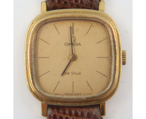 OMEGA: Ladies De Ville gold plated manual wind wristwatch on an aftermarket leather strap, working at lotting. UK P&amp;P Gro