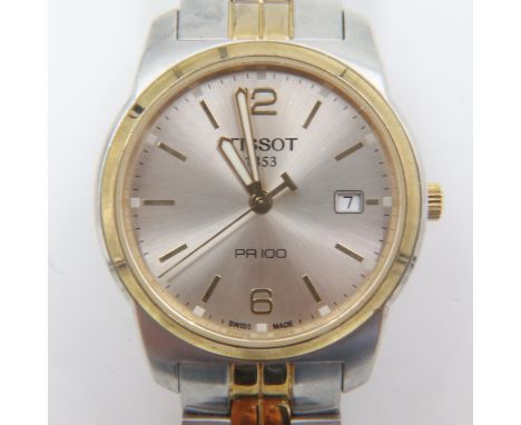 TISSOT: Gents PR100 steel cased quartz wristwatch on a bi-metallic bracelet, not working. UK P&amp;P Group 0 (£6+VAT for the 