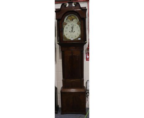 Wain of Burslem: 19th century English longcase clock, with rolling moon and painted dial, 8-day movement, the case of inlaid 