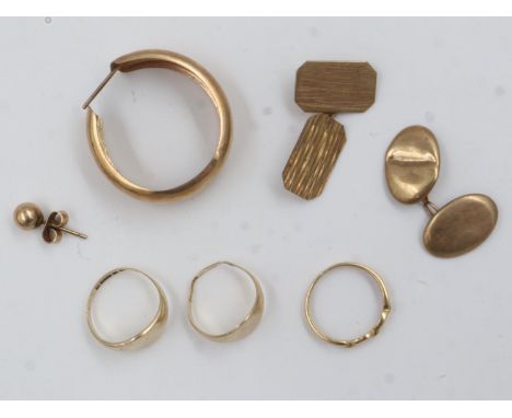 Three 9ct gold rings, earring, ear stud and two single 9ct gold cufflinks, combined 12.8g. UK P&amp;P Group 0 (£6+VAT for the