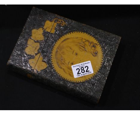 Wooden poker-work box, book shaped, L: 19 cm. UK P&amp;P Group 1 (£16+VAT for the first lot and £2+VAT for subsequent lots)