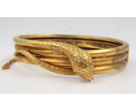 Gold plated snake design bangle with safety chain. UK P&amp;P Group 0 (£6+VAT for the first lot and £1+VAT for subsequent lot