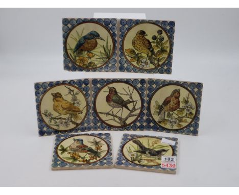 Seven Doulton &amp; Co Lambeth bird design tiles, 15.5 cm x 15.5 cm, one tile does have a chip to one corner, otherwise good.