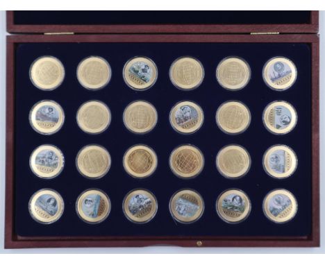 Set of twenty-four Famous Seafarer and Explorers gold plated illustrated medallions in a wooden case. UK P&amp;P Group 1 (£16