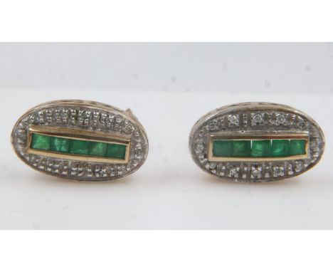 Pair of 9ct gold earrings set with emeralds and diamonds, 2.7g. UK P&amp;P Group 0 (£6+VAT for the first lot and £1+VAT for s