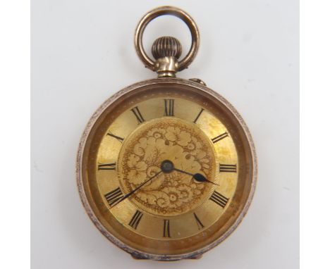 Ladies 9ct gold fob watch with crown wind and Roman numerals, stamped to inside 9ct, 35.7g. UK P&amp;P Group 1 (£16+VAT for t
