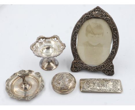 Mixed damaged hallmarked silver items, combined 95g, and a silver mounted photograph frame, with faults. UK P&amp;P Group 1 (