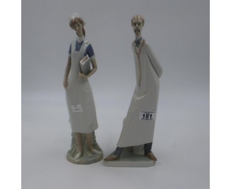 Lladro figurines of a Doctor and a Nurse, both boxed, H: 36cm, in good order with no issues noted. UK P&amp;P Group 3 (£30+VA