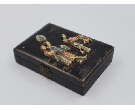 Japanese lacquered casket with applied figural decoration 14cm x 18cm, some minor faults. UK P&amp;P Group 1 (£16+VAT for the