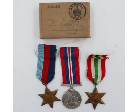 Three WWII medals, 1939-45 star, Italy star and BWM, with box of issue and certificate. UK P&amp;P Group 1 (£16+VAT for the f