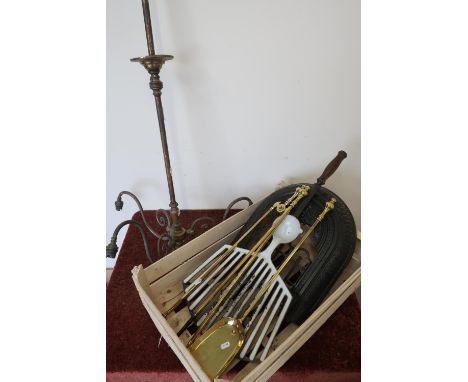 Early 20th C three branch lacquered brass centre light, three piece companion set, a miniature neoclassical design bedroom ca