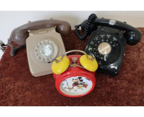 1987 Walt Disney Mickey Mouse alarm clock and two vintage telephones 