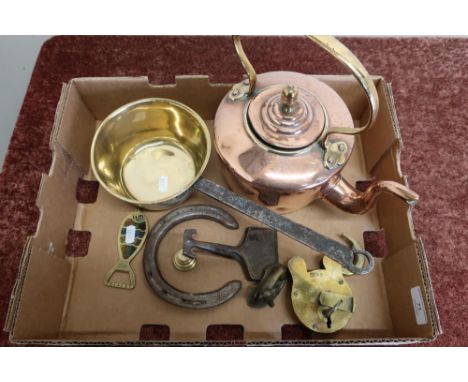 Acorn finial copper kettle, brass jam style pan, heavy brass lock etc 
